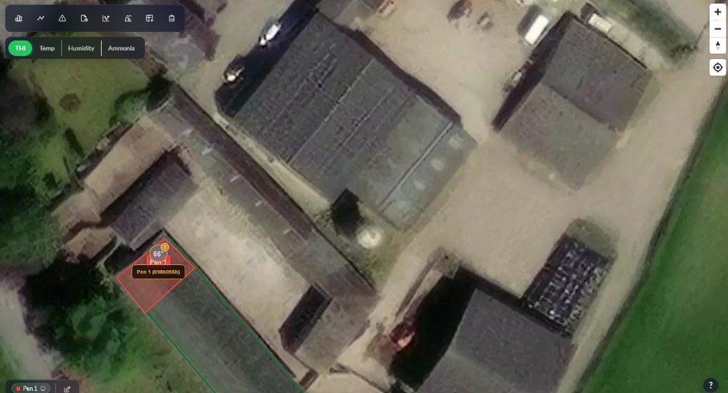 Map view of a farm shed with Pen 1 highlighted and a THI reading of 66